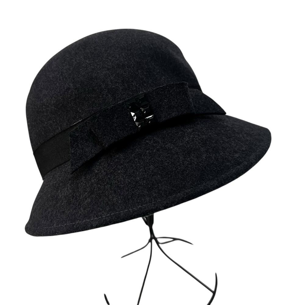 Jeanne Simmons Charcoal Gray Wool Cloche Hat - Black Bow Ribbon Detail -Retro